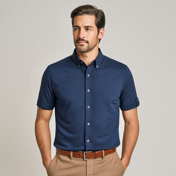 Murano Slim Fit Performance Button-Down Shirt LG Navy Blue Stretch Normcore Dad - Picture 1 of 6